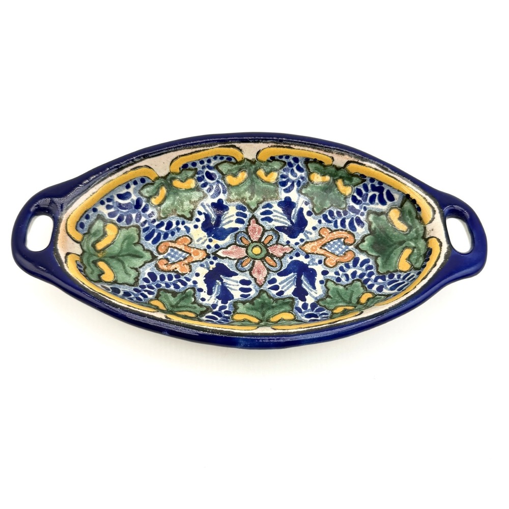 Uriarte Talavera Puebla Mexico Hand Painted Oval Dish Blue Green D199 E600 HRE